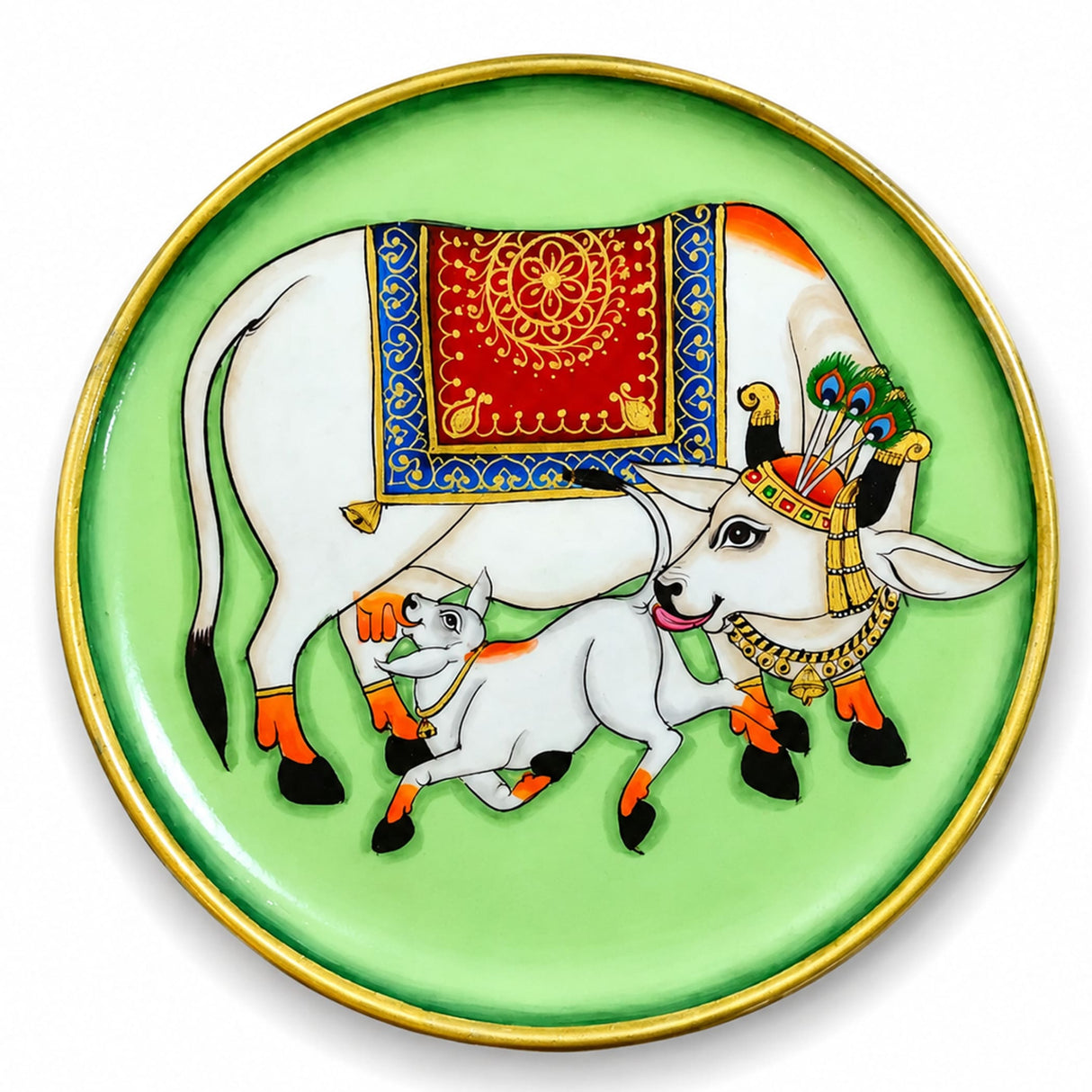 Decorative wooden circular plate with hand painted white cows and red blue gold patterns for Indian wall décor