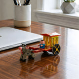 Indian wooden bullock cart decor with hand painted colorful wooden cart and gray ox figurine for home living room display