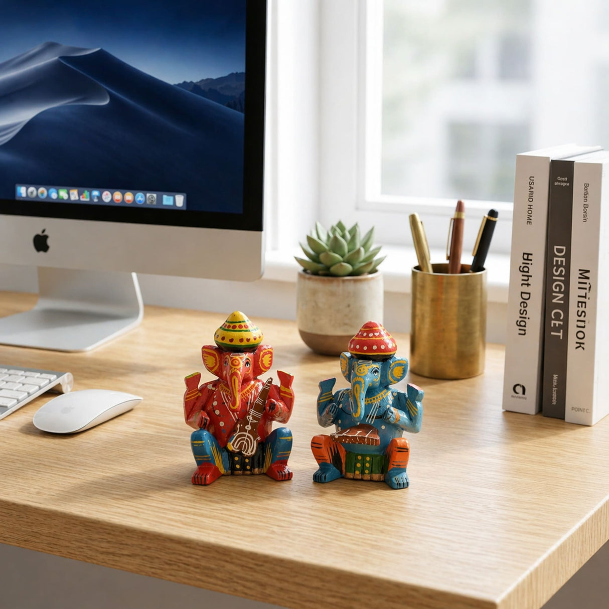 Set of 6 hand painted wooden musician ganesha statues in vibrant colors with musical instruments for good luck and success
