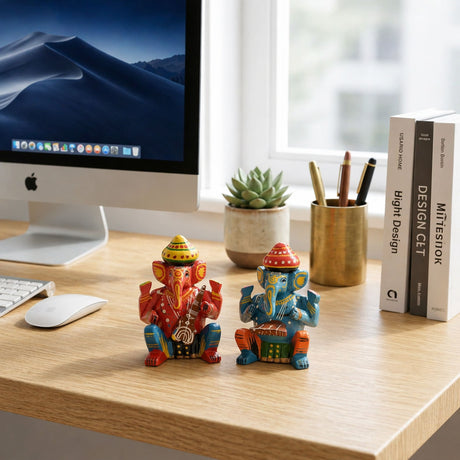 Set of 6 hand painted wooden musician ganesha statues in vibrant colors with musical instruments for good luck and success