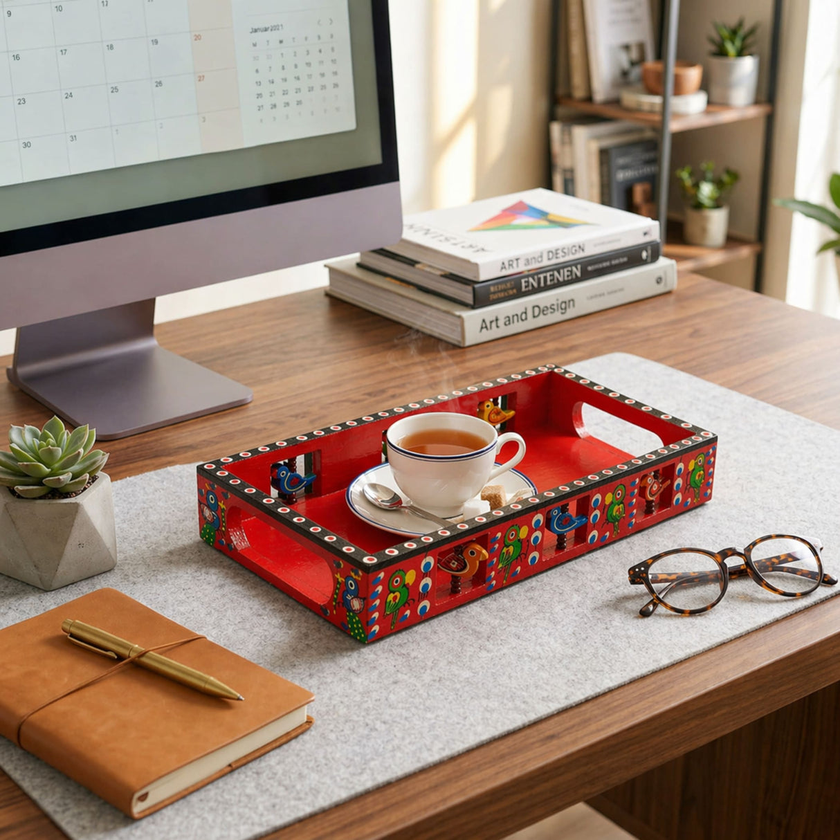 Vibrant red hand painted wooden serving tray with colorful bird and floral motifs and black trimmed handles