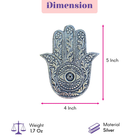 Silver-colored german silver hand-shaped incense stick holder with intricate hamsa design for pooja and meditation room