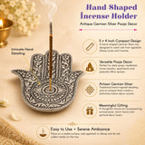 Antique german silver hand-shaped incense holder with intricate eye and floral detailing for pooja and meditation