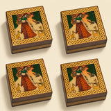 Small handcarved wooden jewelry box with gold lattice borders and hand-painted woman in orange dress with deer design