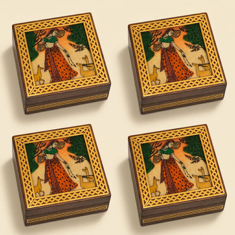 Small handcarved wooden jewelry box with gold lattice borders and hand-painted woman in orange dress with deer design