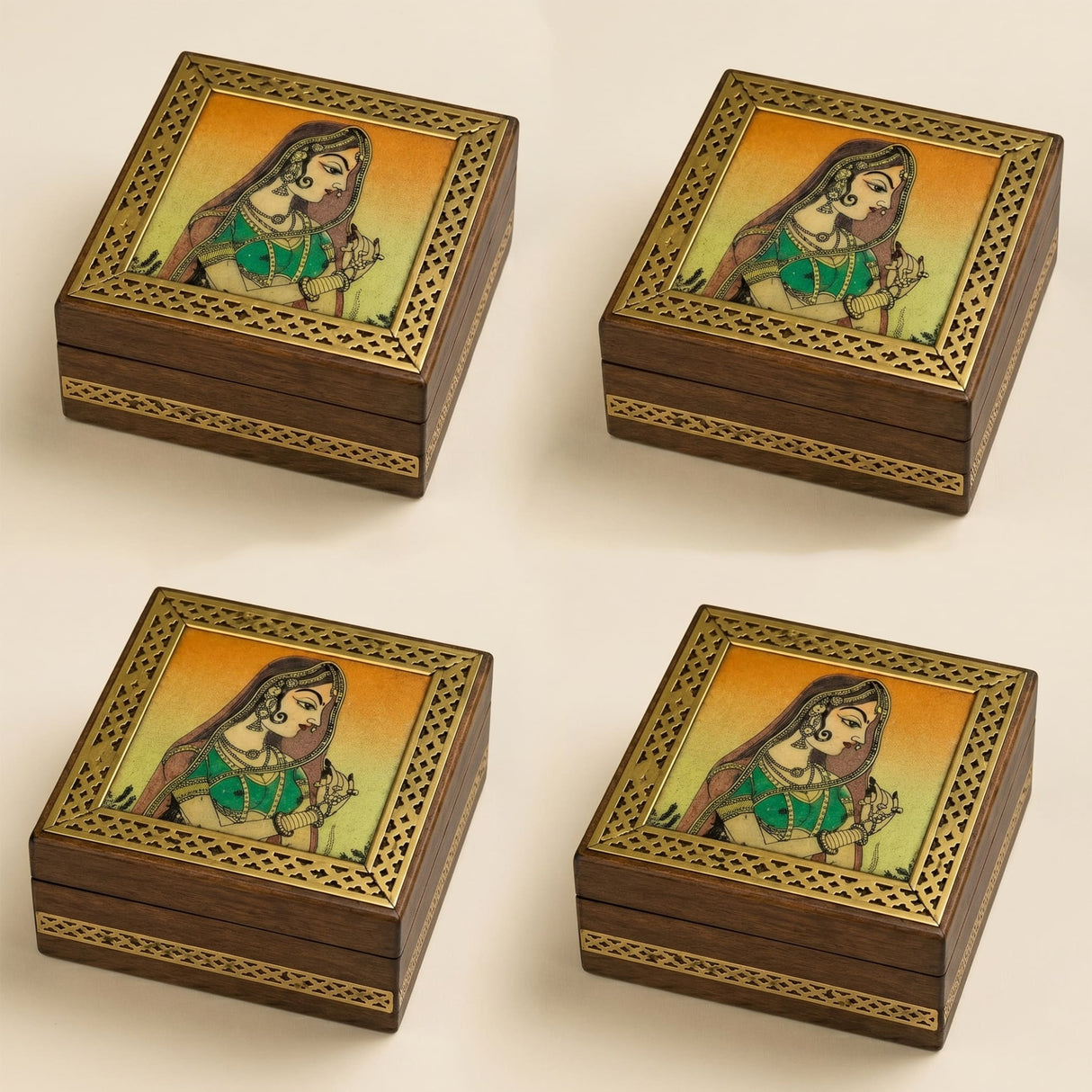 Wooden jewelry box small handcarved decorative organizer with gold lattice edges and inset painting of woman in green attire