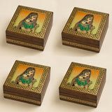 Wooden jewelry box small handcarved decorative organizer with gold lattice edges and inset painting of woman in green attire