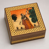 Wooden jewelry box small handcarved with gold-inlaid border and ornate painted woman scene for jewelry storage