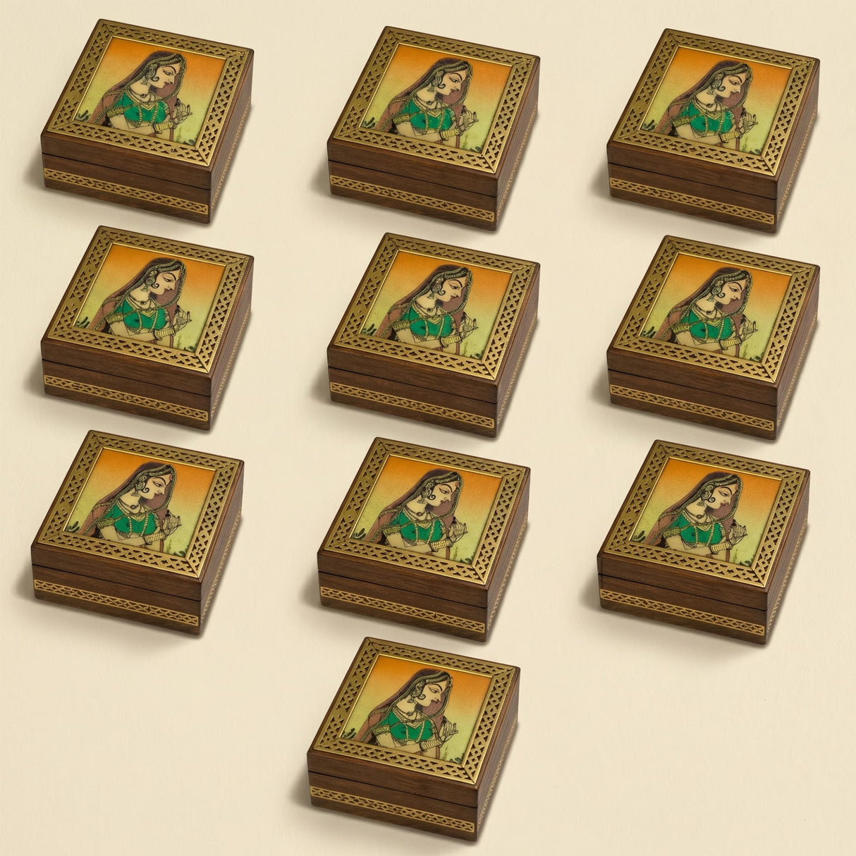 Wooden jewelry box small handcarved decorative organizer with gold-trimmed edges and a painted woman in green on orange background
