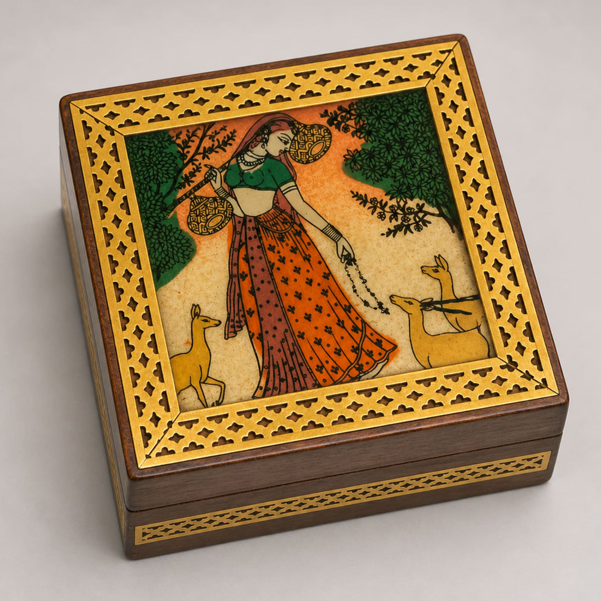 Wooden jewelry box small handcarved decorative organizer with dark brown finish gold inlay and painted woman scene with deer