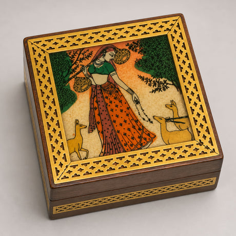 Wooden jewelry box small handcarved decorative organizer with dark brown finish gold inlay and painted woman scene with deer