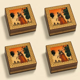 Small handcarved wooden jewelry box with intricate lattice inlays and hand-painted woman illustration on ochre background