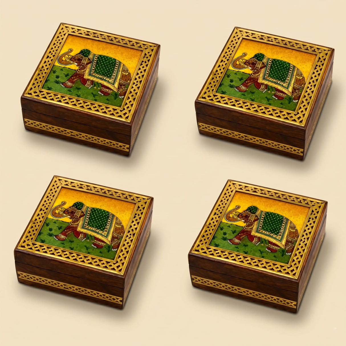 Wooden jewelry box small handcarved decorative organizer with square wooden coasters featuring gold-trimmed elephant art