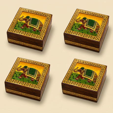 Wooden jewelry box small handcarved decorative organizer with square wooden coasters featuring gold-trimmed elephant art