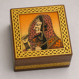 Wooden jewelry box small handcarved decorative storage organizer with intricate gold inlay and painted illustration of a woman