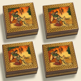 Wooden small handcarved jewelry box with intricate gold filigree and hand-painted woman playing flute design
