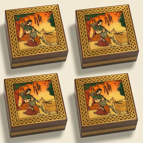 Wooden small handcarved jewelry box with intricate gold filigree and hand-painted woman playing flute design
