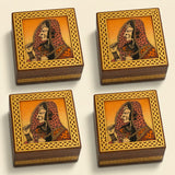 Wooden jewelry box small handcarved decorative storage organizer with square wood coasters featuring intricate gold brown carved frames and traditional indian portraits on orange background