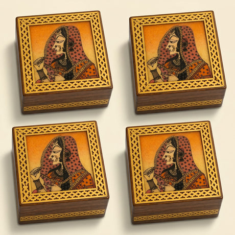 Wooden jewelry box small handcarved decorative storage organizer with square wood coasters featuring intricate gold brown carved frames and traditional indian portraits on orange background