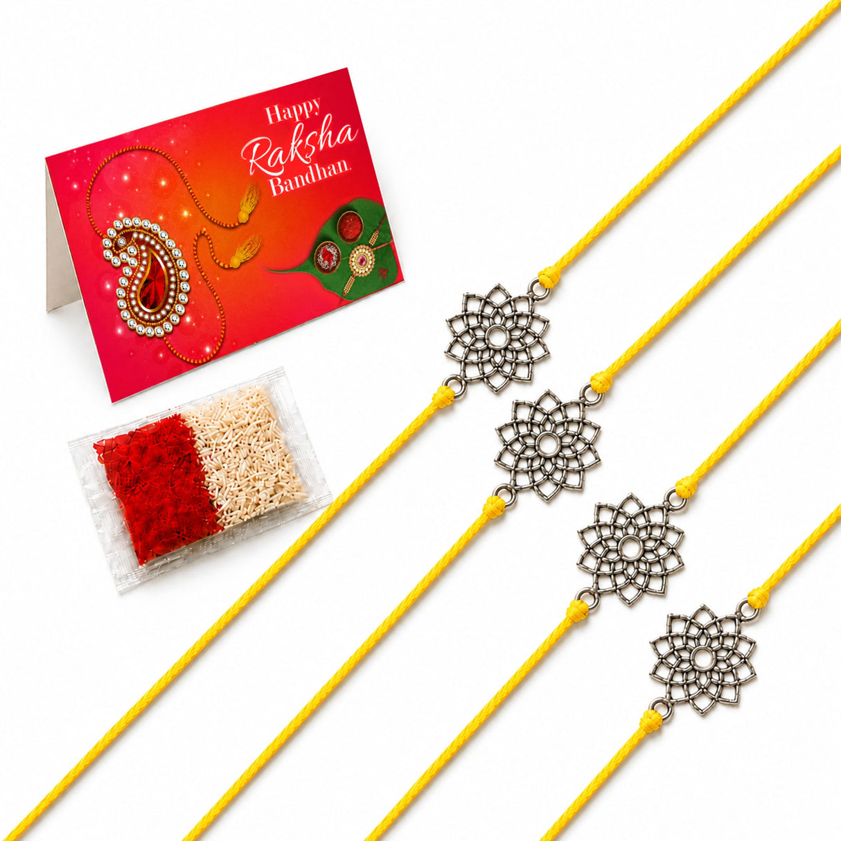 Four yellow cord designer lotus charm rakhis with silver filigree flower for traditional raksha bandhan gift