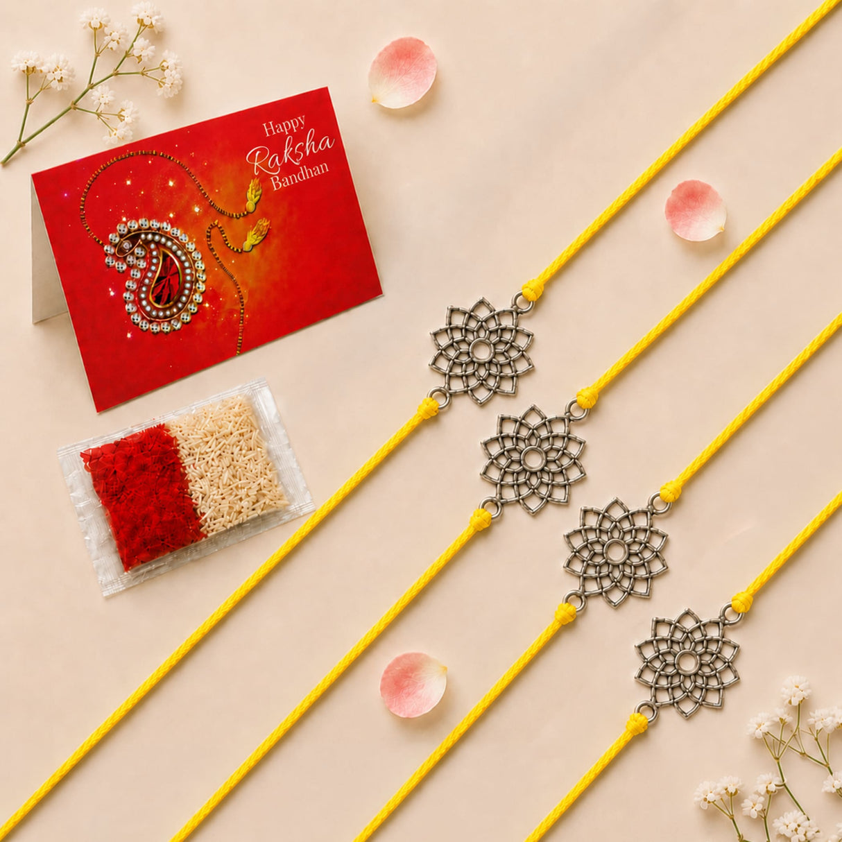 Four yellow raksha bandhan bracelets with intricate silver toned lotus floral pendants traditional handcrafted rakhi gift