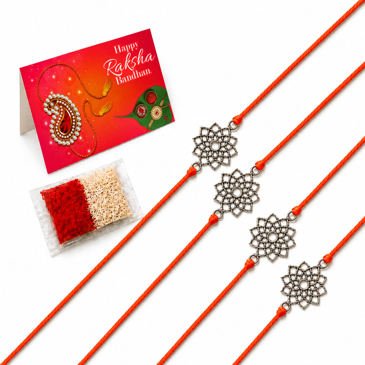 Four orange cord designer lotus charm rakhi bracelets with silver toned floral pendants for raksha bandhan gift