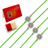 Four neon green cord designer lotus charm rakhis with silver toned floral metal charms for raksha bandhan gift