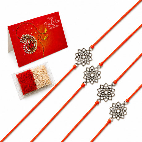 Four orange cord rakhi bracelets with silver toned lotus floral metal charms handcrafted for raksha bandhan gift