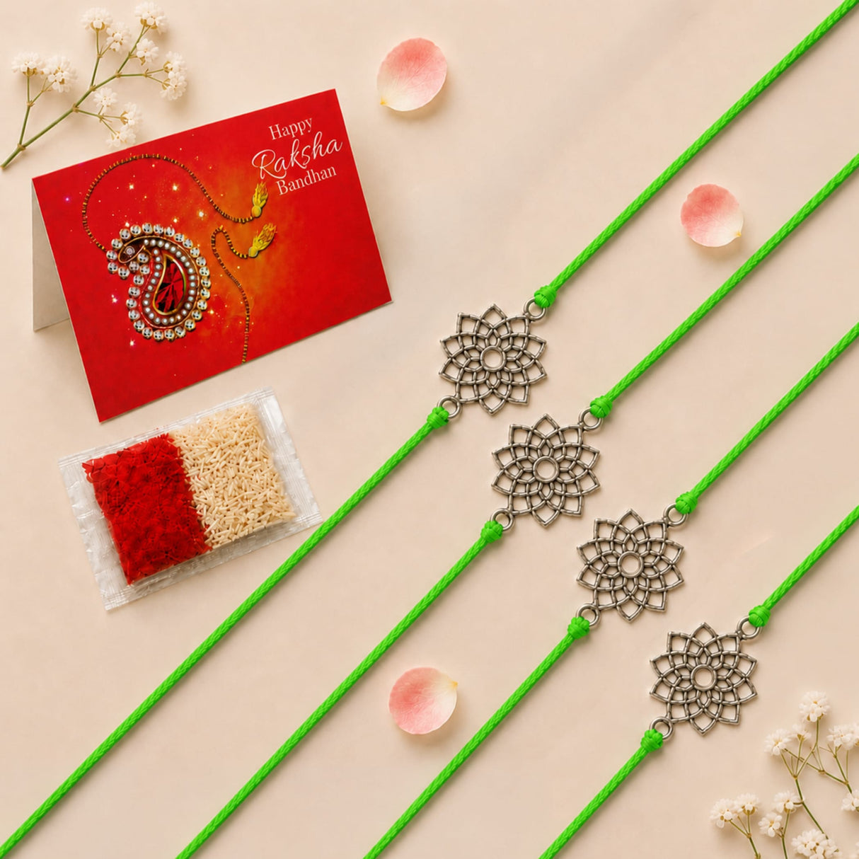Four bright green cord designer lotus charm rakhi bracelets with intricate silver toned floral pendants for brothers