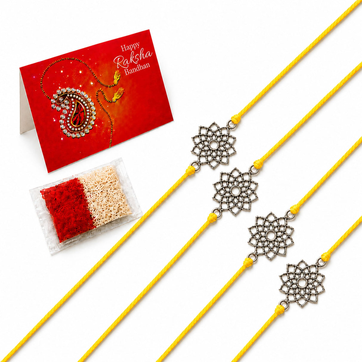 Four yellow cord designer lotus charm rakhis with silver floral metal pendants for traditional raksha bandhan gift