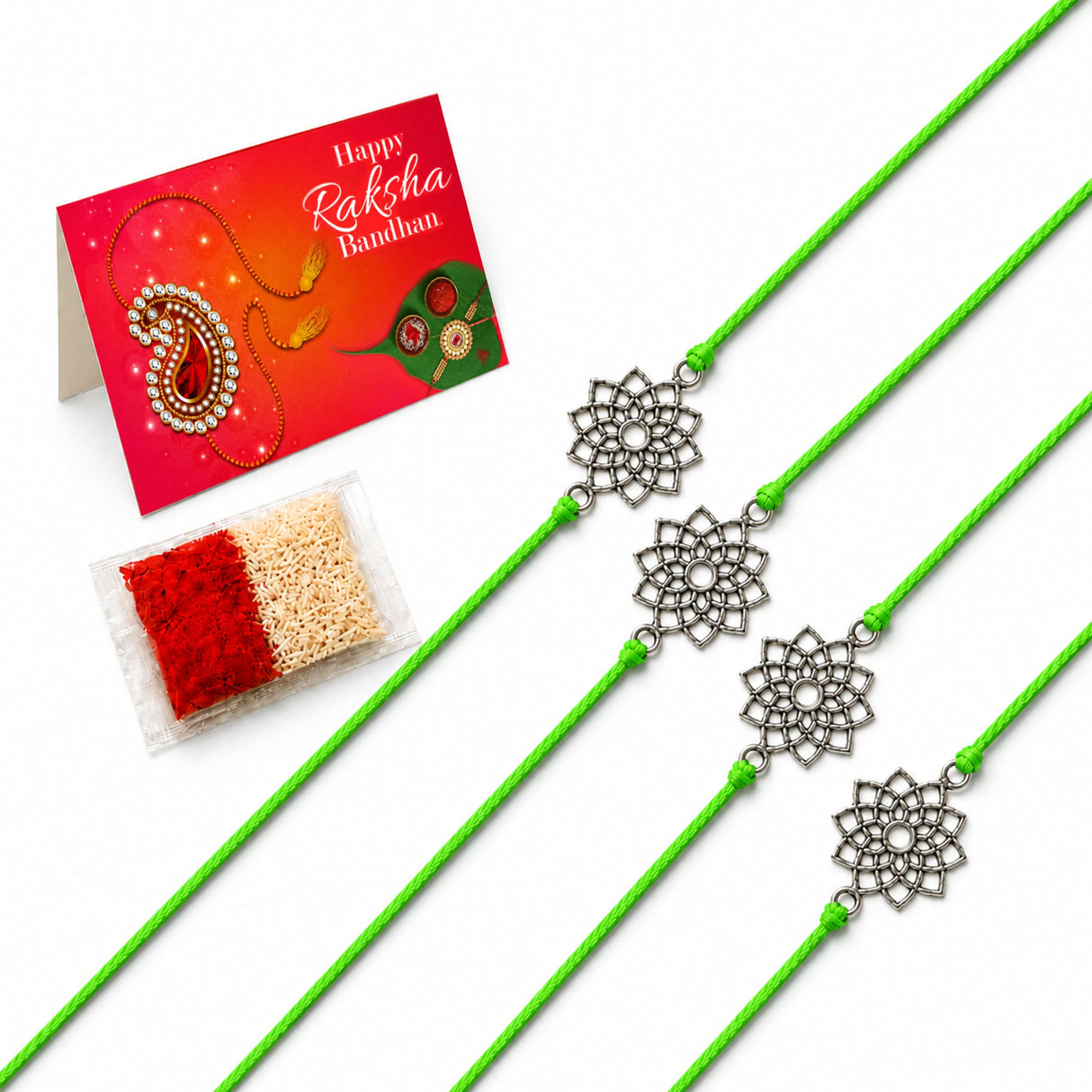 Four bright green cord designer lotus charm rakhi bracelets with silver toned floral metal charms for raksha bandhan gift