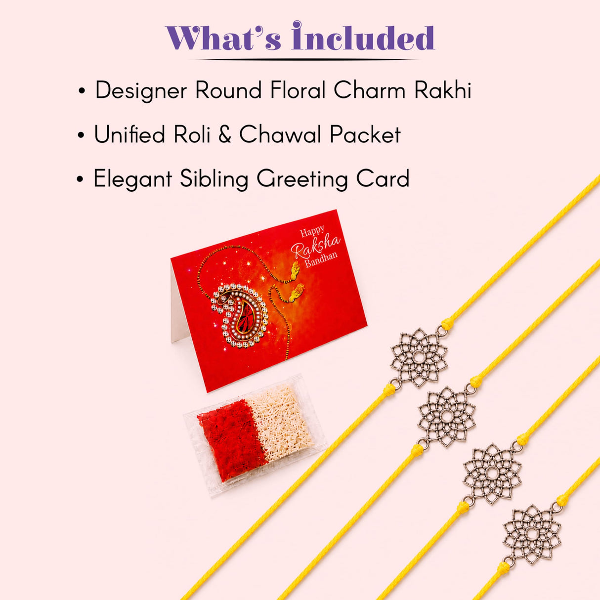 Designer lotus charm rakhi with round floral silver-toned metalwork and vibrant yellow cord for raksha bandhan gift