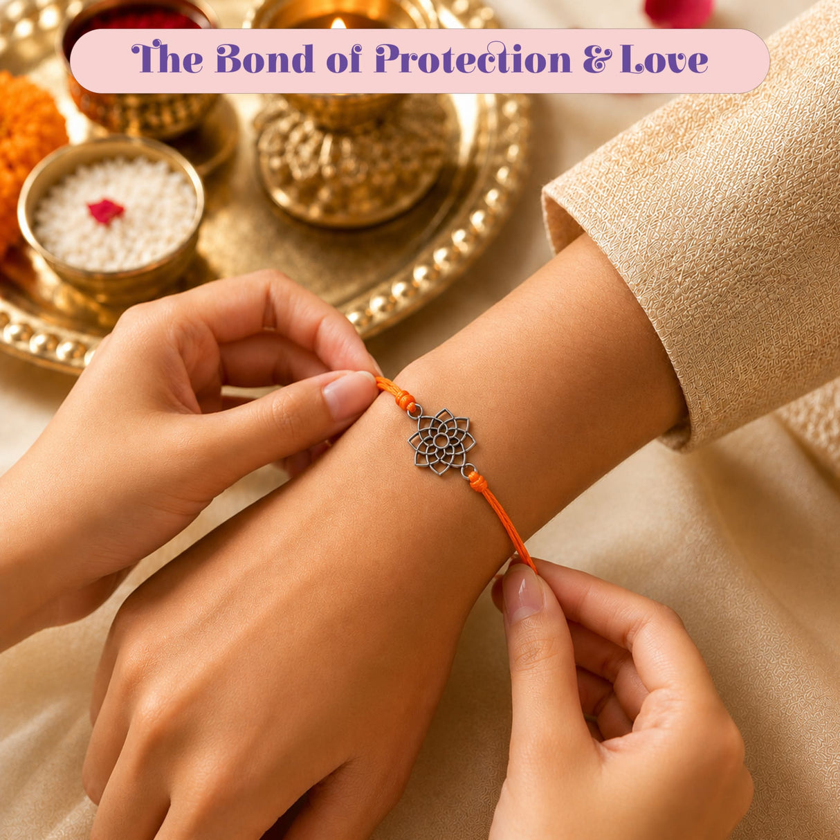 Orange cord bracelet with silver lotus pendant designer lotus charm rakhi for raksha bandhan protection and good luck gift
