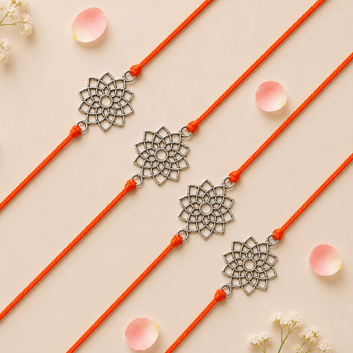 Four orange cord designer lotus charm rakhis with silver-toned intricate floral pendants for Raksha Bandhan gift