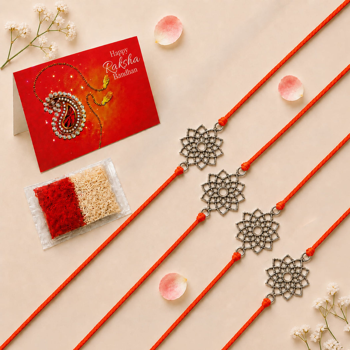Four orange cord designer lotus charm rakhi with silver filigree lotus pendants handcrafted for raksha bandhan gift