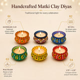 Handcrafted matki clay diyas in vibrant colors with intricate traditional designs filled with wax for diwali pooja decor