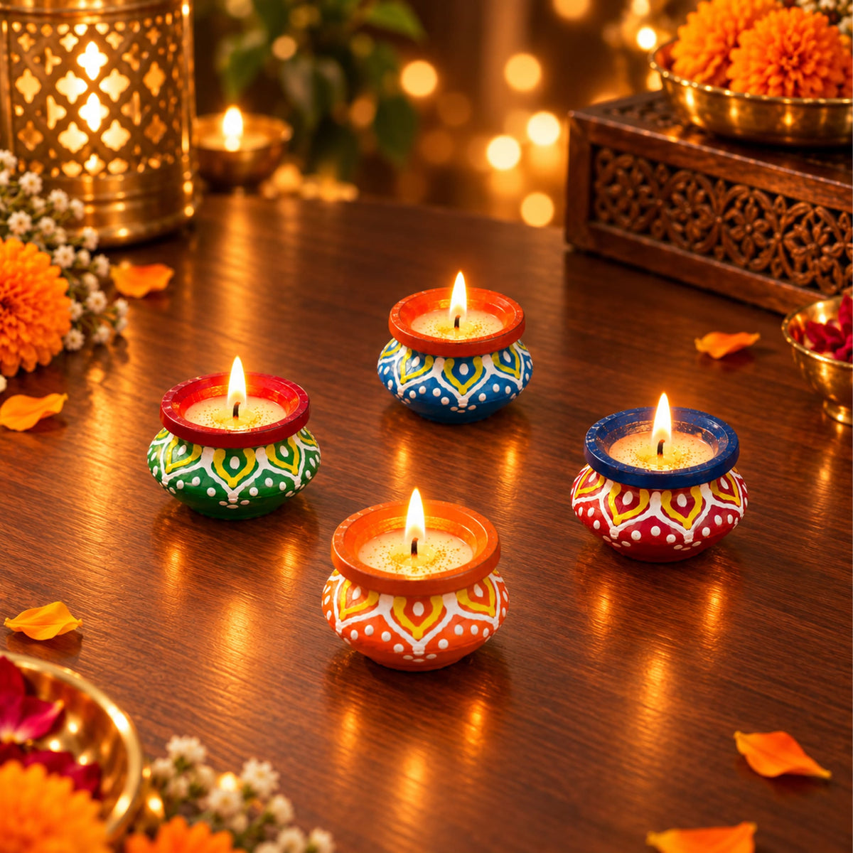 Four colorful handmade clay matki diyas filled with wax and lit candles for Diwali pooja and home decor