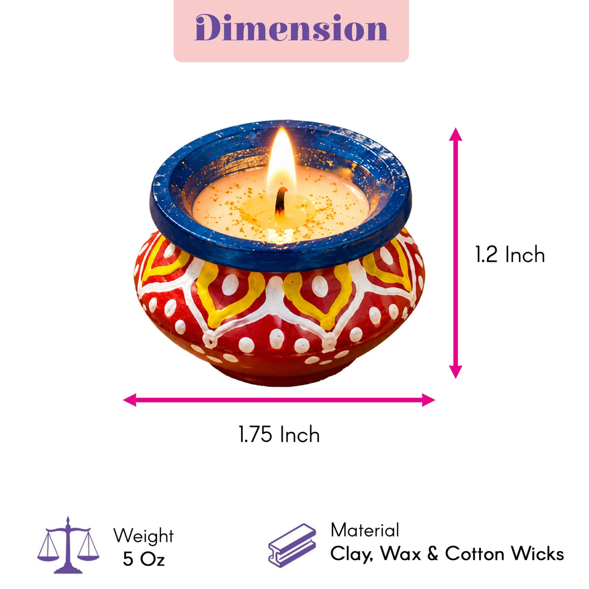 Handmade red and yellow clay matki diya with blue rim filled with wax for diwali pooja and home decor