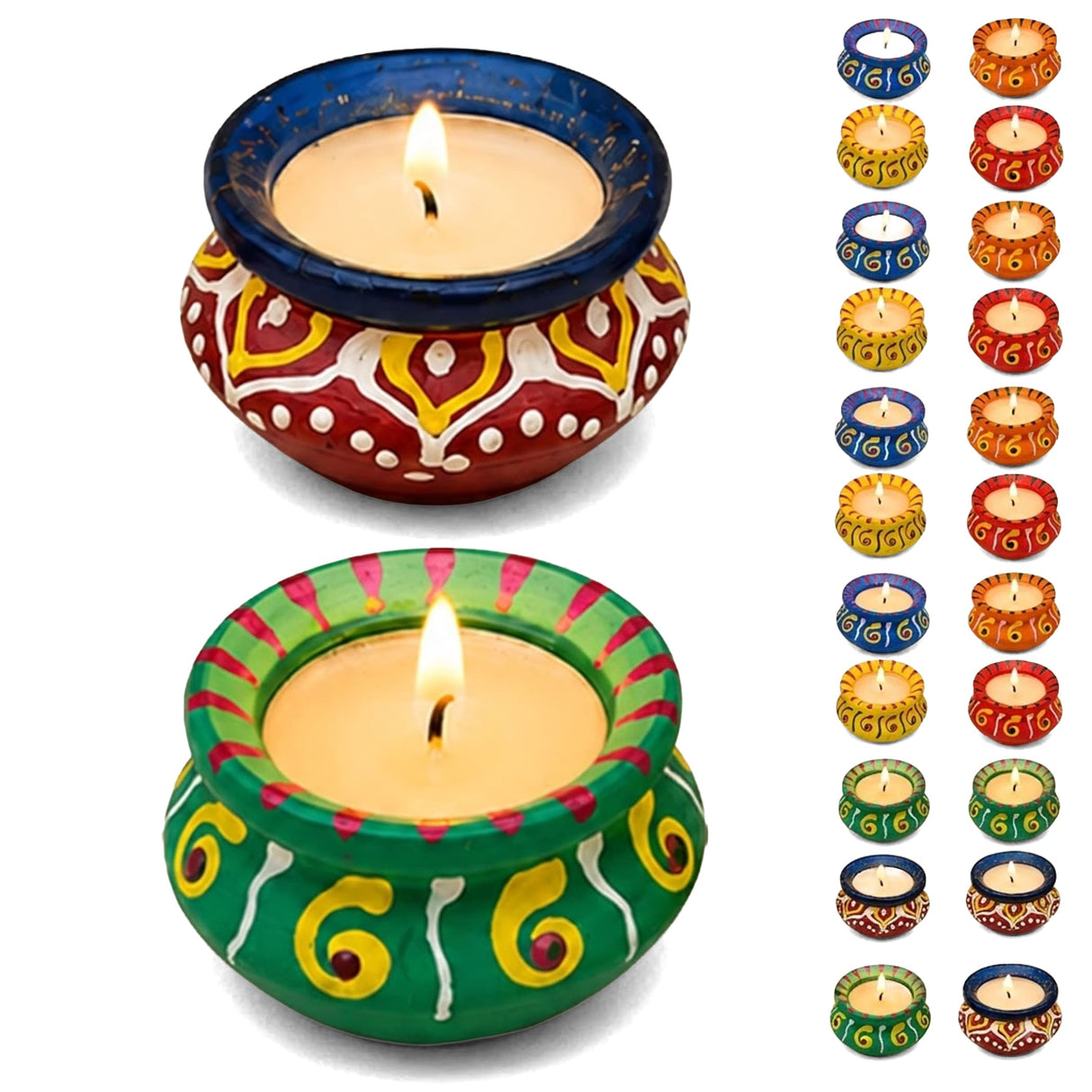 Hand-painted matki clay diya with vibrant red and yellow patterns on deep blue rim for diwali pooja and home decor