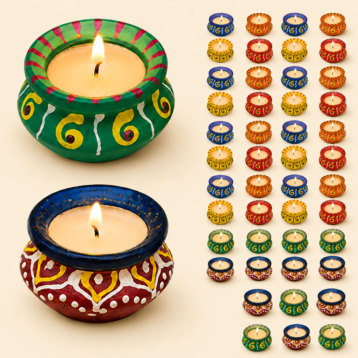 Colorful hand-painted matki clay diya wax filled traditional oil lamps with intricate patterns lit for diwali pooja decor