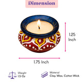 Matki clay diya wax filled handmade red and yellow clay candle holder with blue rim for diwali pooja and decoration