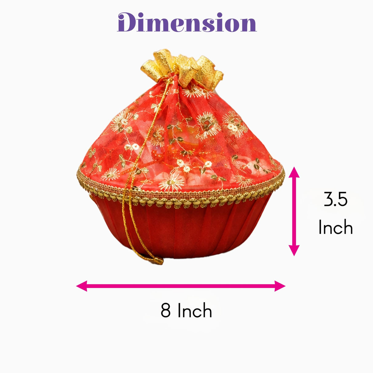 Red embroidered drawstring pouch with gold trim and floral patterns for indian wedding and festive gift basket storage