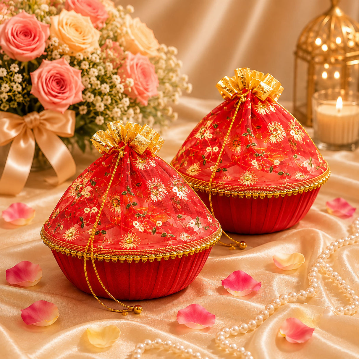 Red embroidered gift pouches with gold floral patterns and drawstrings in a handmade decorated gift basket set