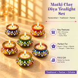 Handmade colorful clay matki diya tealight set with intricate painted patterns and glittery rims for diwali pooja