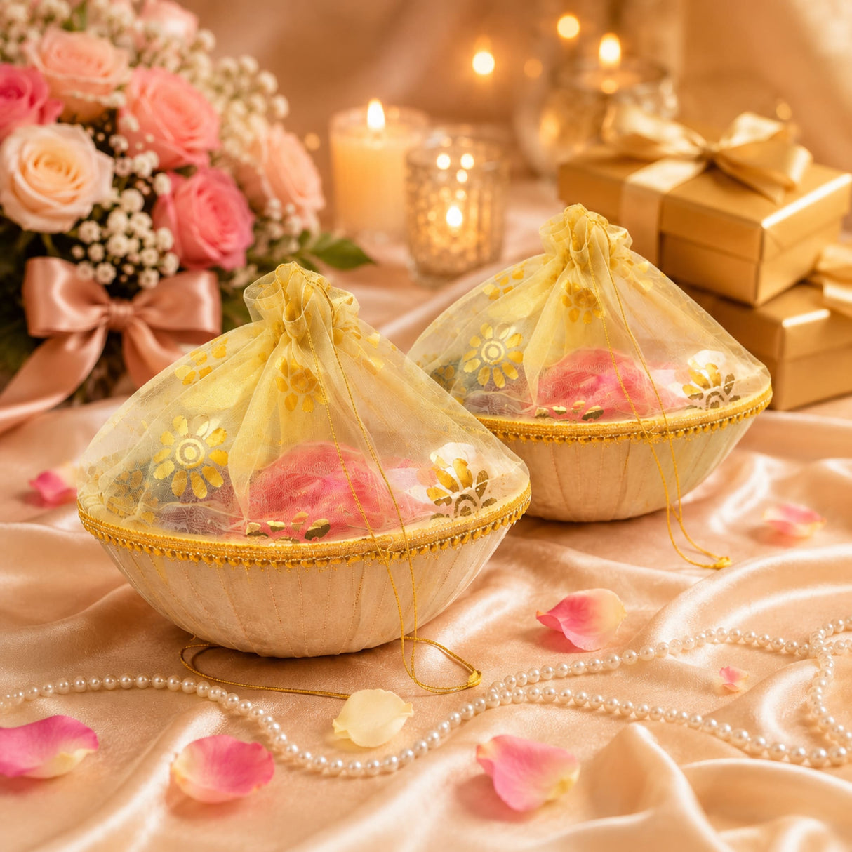 Two cream-colored handmade decorated bowls with golden rims and yellow organza drawstrings in a 5ct gift basket set