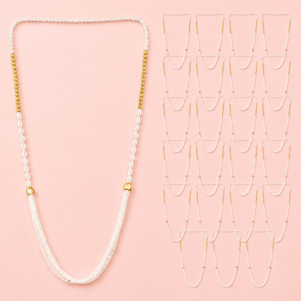A delicate white beaded Barati Swagat Mala necklace with gold-toned accents and cascading fringe for wedding ceremonies