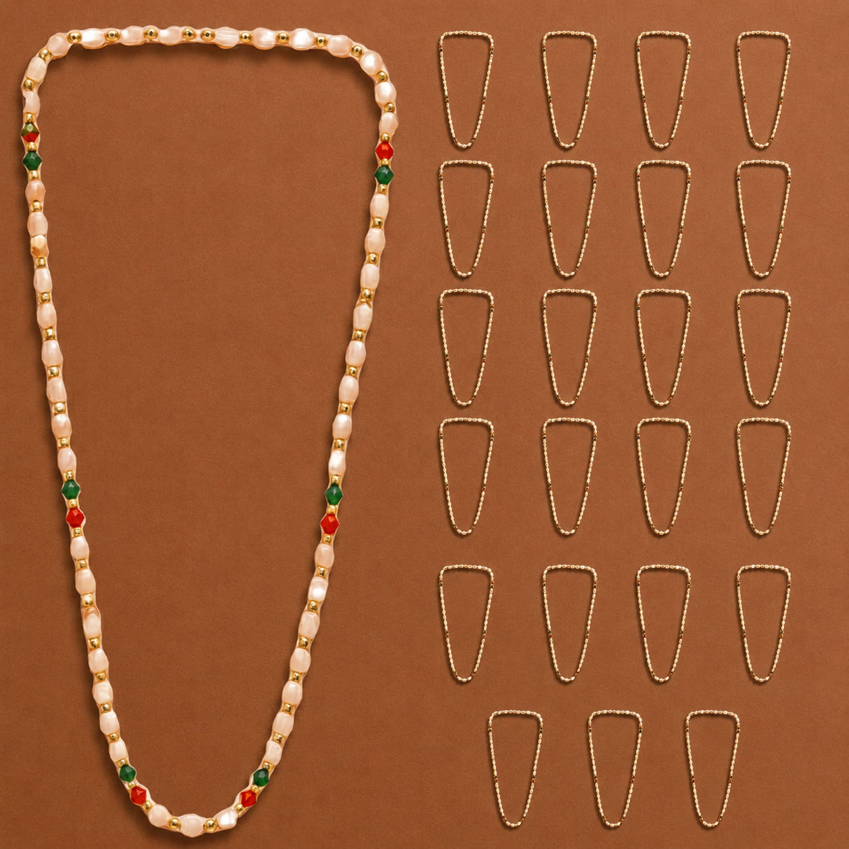 Handmade Barati Swagat Mala featuring cream artificial moti pearls with red and green beads for wedding and reception use