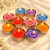 A collection of handmade rose shaped tealight candles in vibrant colors with glittery metallic holders and 3 hour burn time