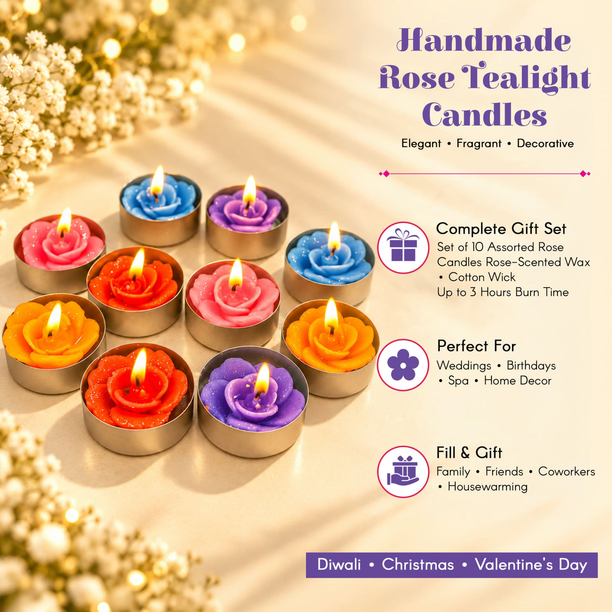 Handmade rose shaped tealight candles in assorted vibrant colors in metallic tins with 3 hour extended burn time