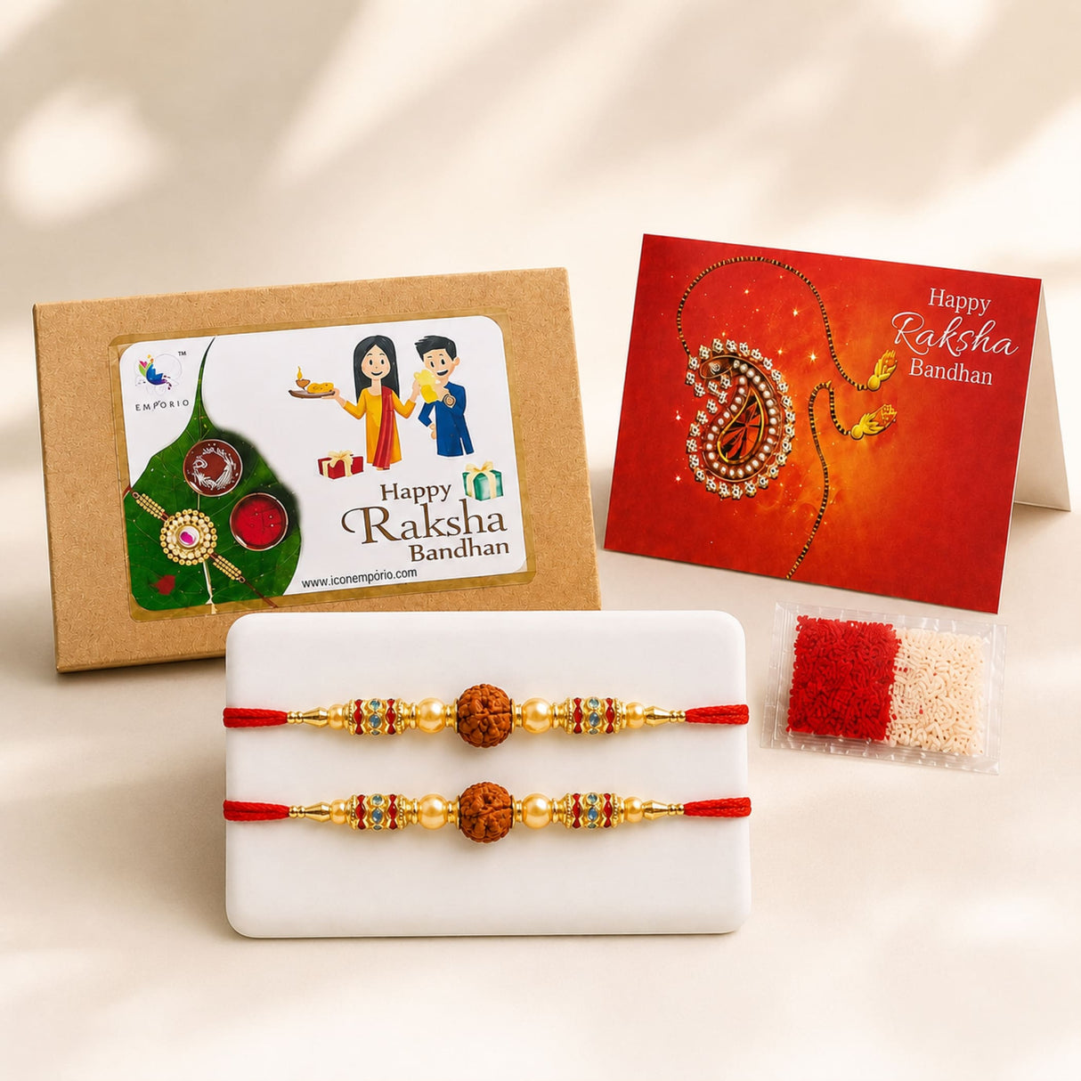 Two gold-toned rudraksha rakhi bracelets with red threads, beads, and protective charm for brother and bhabhi